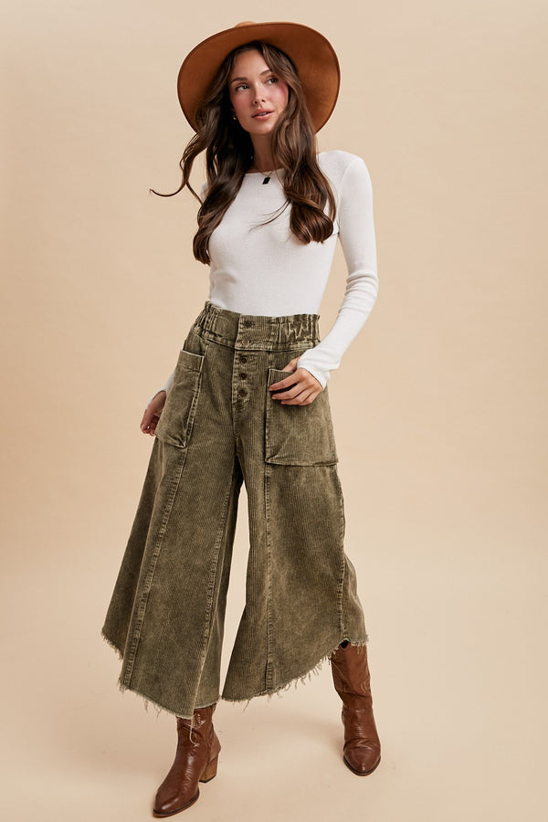 Olive Mineral Wash Cropped Fray Hem Corduroy Wide Pants (Sizes Small-XL)