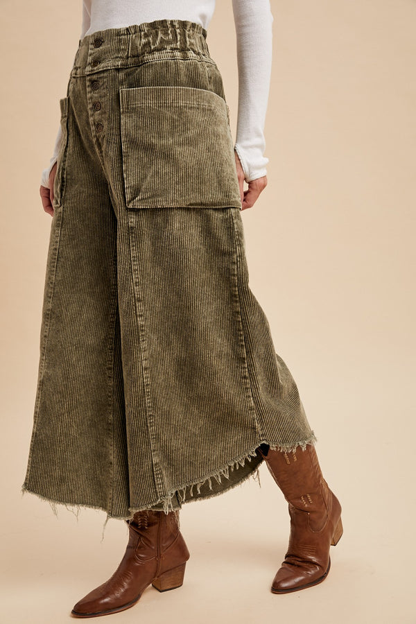Olive Mineral Wash Cropped Fray Hem Corduroy Wide Pants (Sizes Small-XL)