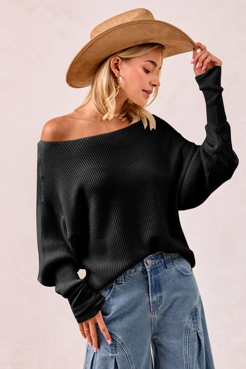 Black Waffle Knit Off Shoulder Top (S-XL available)