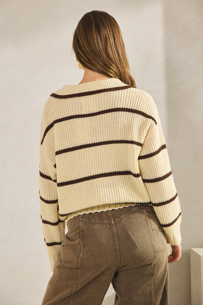 Ribbed Collared Striped Sweater in Ivory (available in sizes Small-XL)