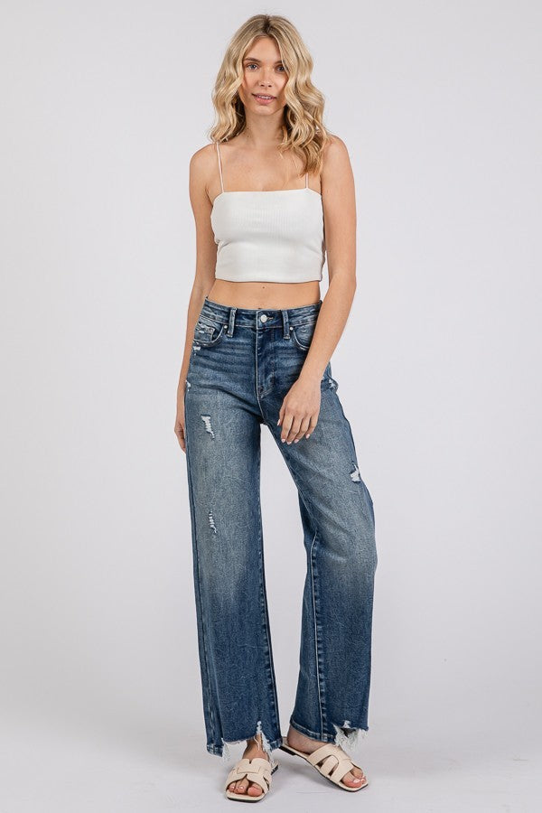 Dark High Rise Stretch Slim Wide Leg W/ Destroyed Hem - Petra brand