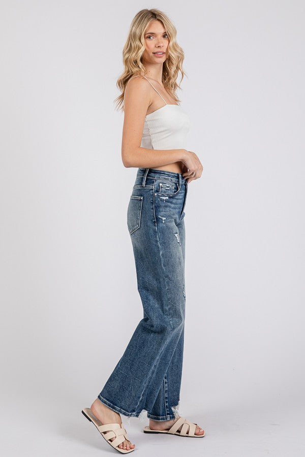 Dark High Rise Stretch Slim Wide Leg W/ Destroyed Hem - Petra brand