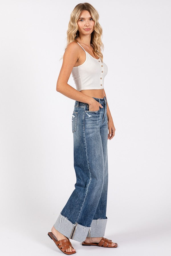 High Rise Stretch Wide Leg W/ Cuffed Hem Jeans - Petra Jeans