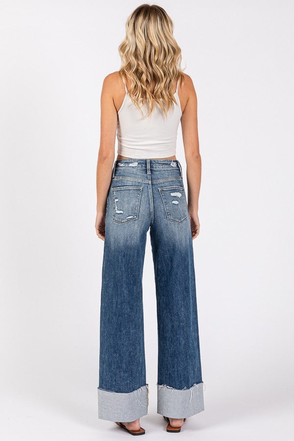 High Rise Stretch Wide Leg W/ Cuffed Hem Jeans - Petra Jeans