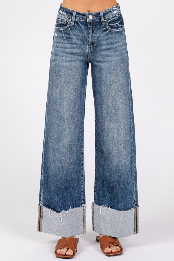 High Rise Stretch Wide Leg W/ Cuffed Hem Jeans - Petra Jeans