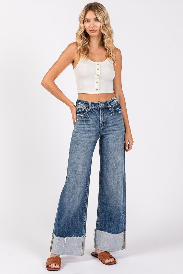 High Rise Stretch Wide Leg W/ Cuffed Hem Jeans - Petra Jeans