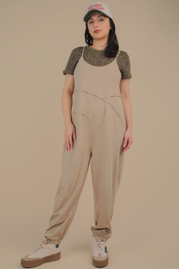 Sleeveless Knit Comfy Casual Jumpsuit in Mocha