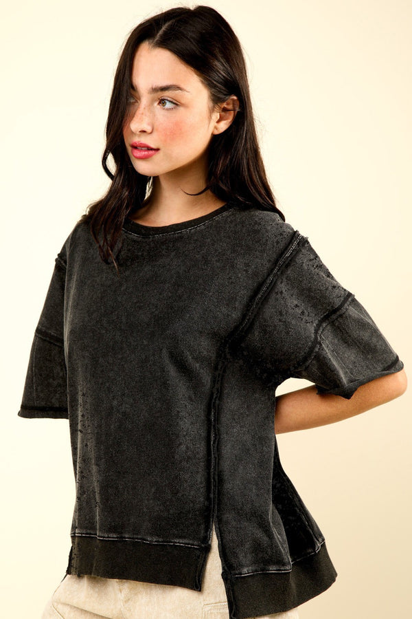 Round Neck Oversized Washed Casual Knit Top in Black