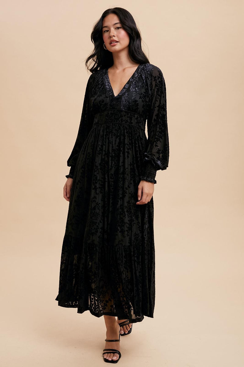 VELVET BURNOUT MAXI DRESS (Black)