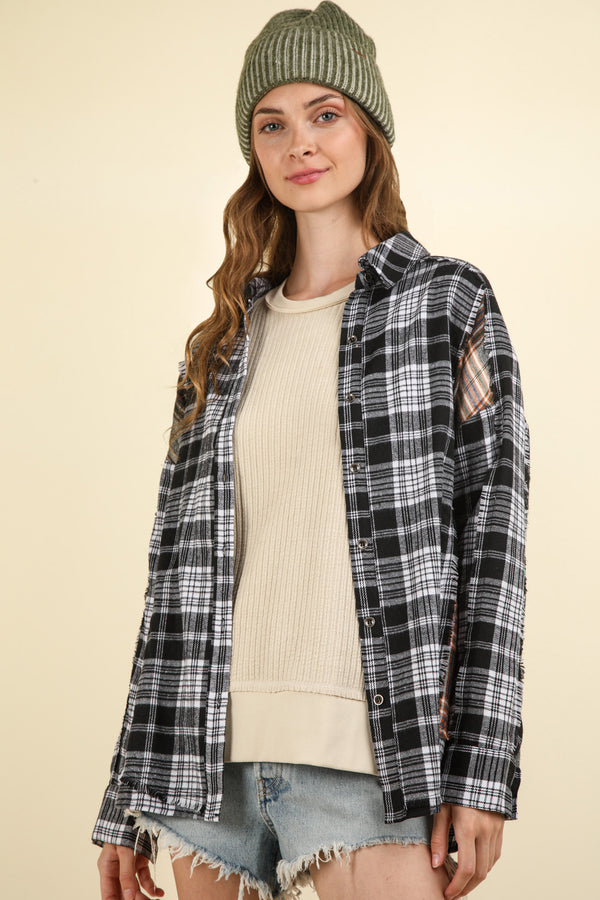 Contrast Plaid Detail Casual Shirt Top