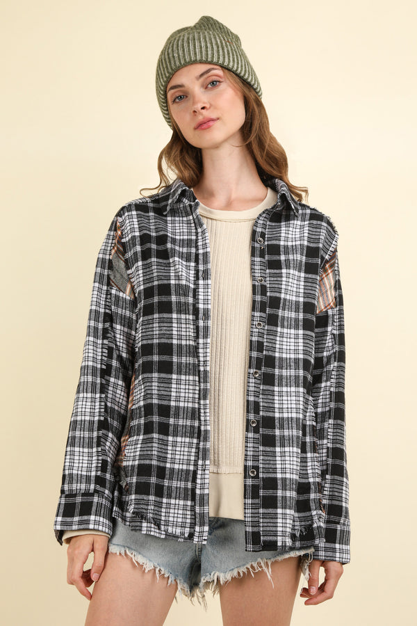 Contrast Plaid Detail Casual Shirt Top