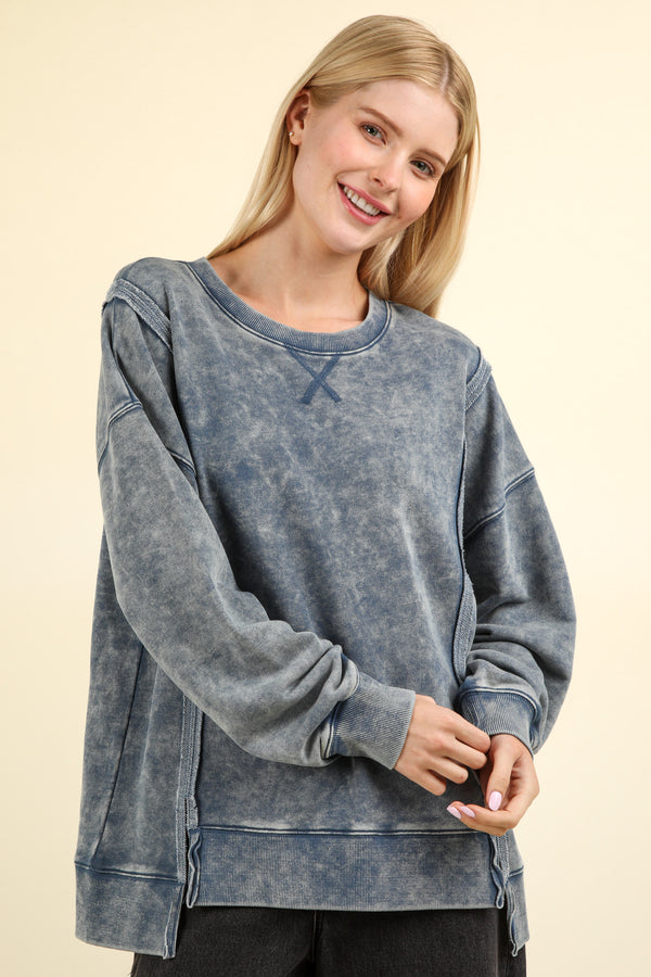 Mineral Washed French Terry Oversized Knit Top in Denim