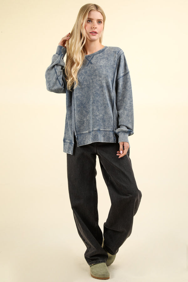 Mineral Washed French Terry Oversized Knit Top in Denim