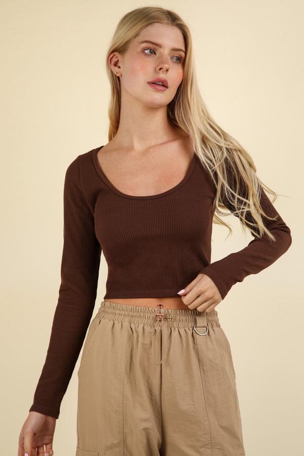 Easy Comfy Casual Fitted Crop Knit Top in Chocolate