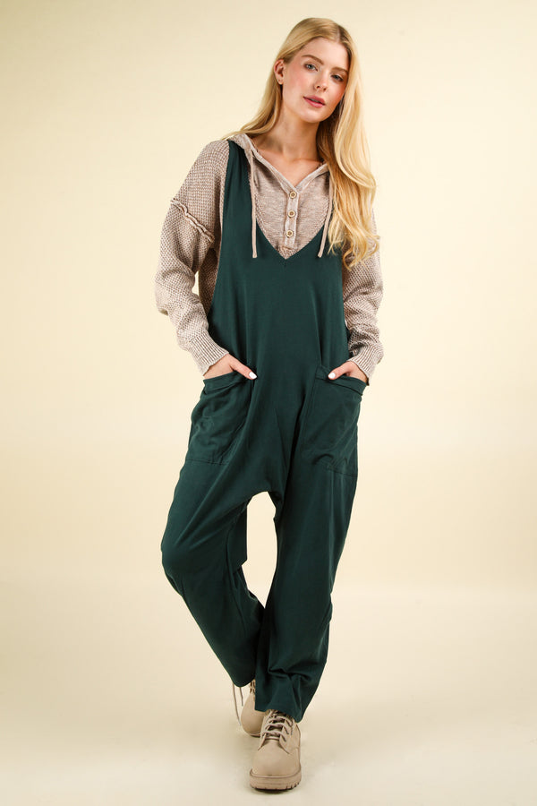 Casual Loose Fit Solid Knit Baggy Jumpsuit in Forest