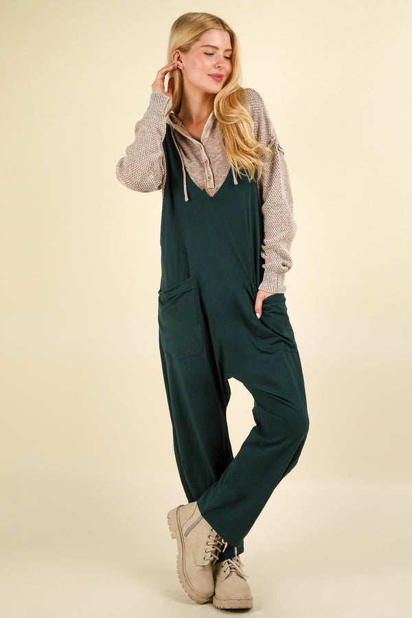 Casual Loose Fit Solid Knit Baggy Jumpsuit in Forest