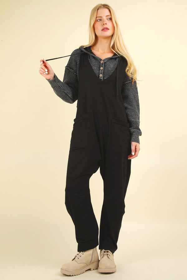 Casual Loose Fit Solid Knit Baggy Jumpsuit in Black