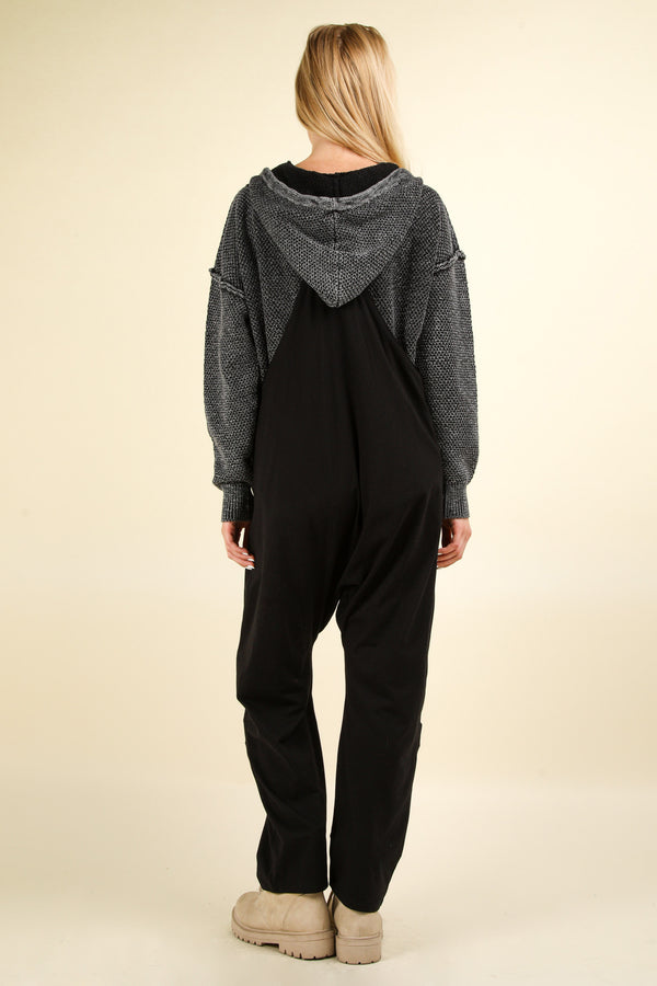 Casual Loose Fit Solid Knit Baggy Jumpsuit in Black