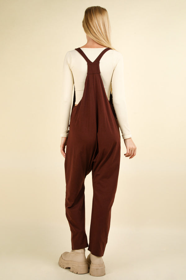 Casual Loose Fit Solid Knit Baggy Jumpsuit in Chocolate