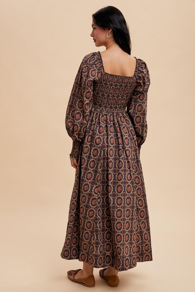 SMOCKED SQUARE NECK MAXI DRESS