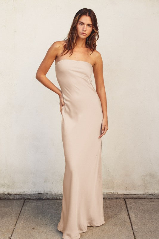Going Out Strapless Bias Cut Maxi Dress in Champagne