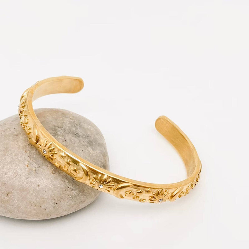 18K Gold Plated Stainless Steel Star Moon Sun Cuff Bangle