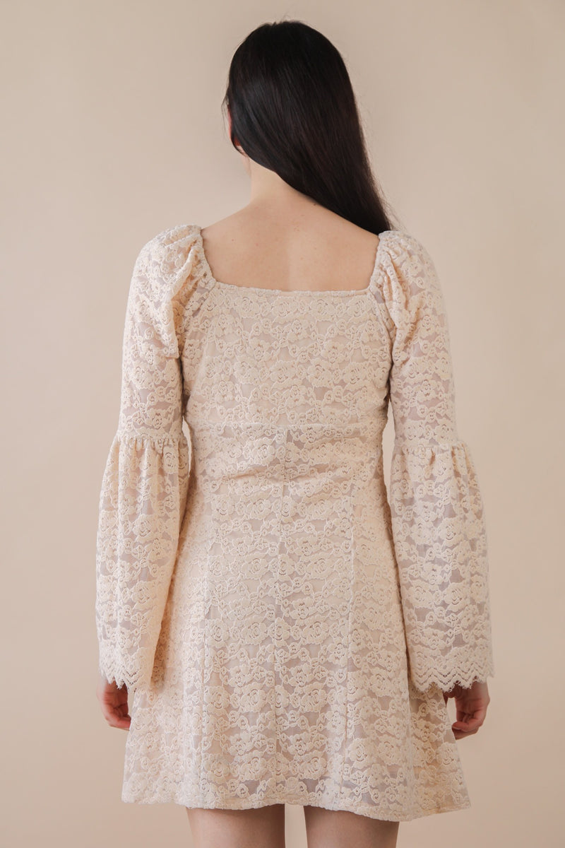 Champagne Textured Lace Bell Sleeve Mini Dress