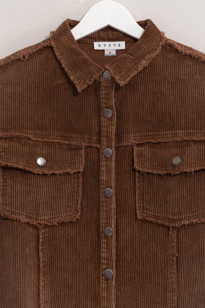 Washed Corduroy Frayed Shacket (Brown)