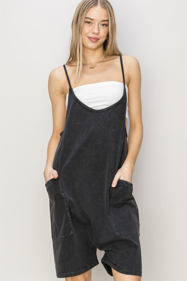 MINERAL WASHED CAMI ROMPER in Black