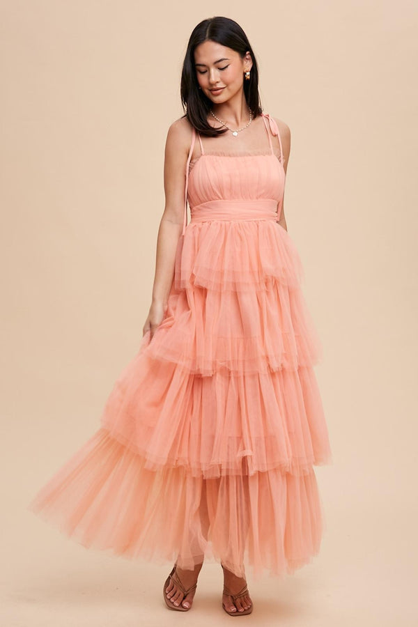ROMANTIC TIERED MESH RUFFLED DRESS in Apricot
