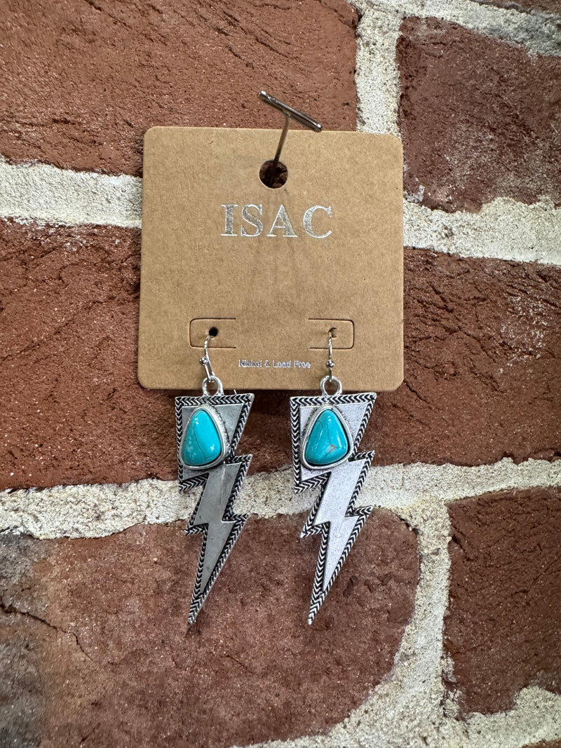 Lightening Bolt with Turquoise Stone Silver Dangle Earrings