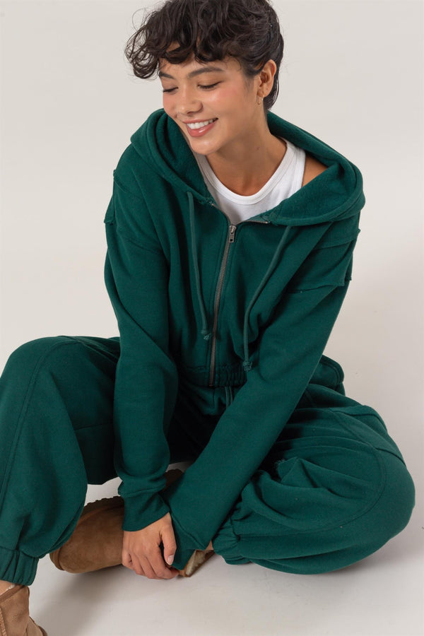 Zip Up Hoodie Jacket With Seam Detailing (Dark Green)