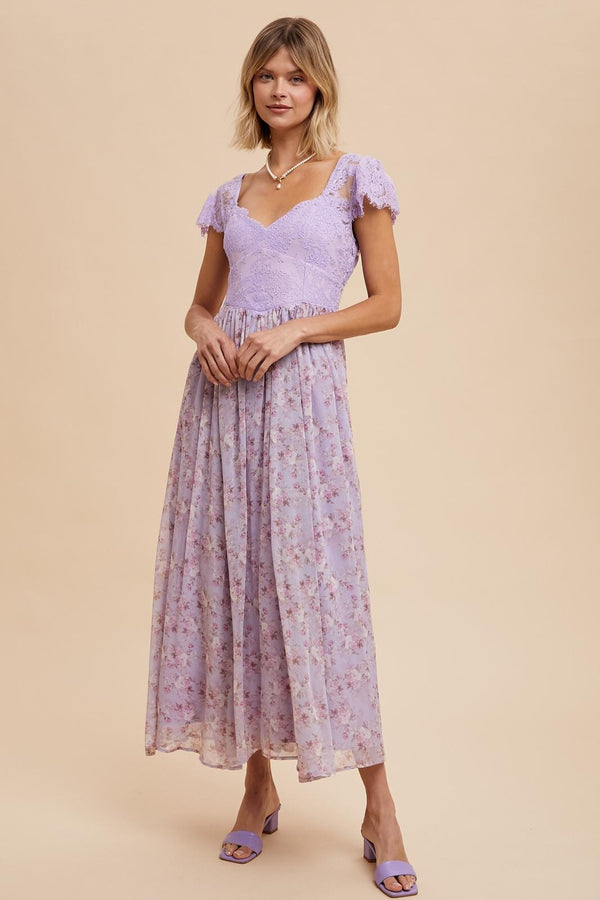 SCALLOPED LACE CONTRAST MAXI DRESS in Dusty Lilac- Final Sale