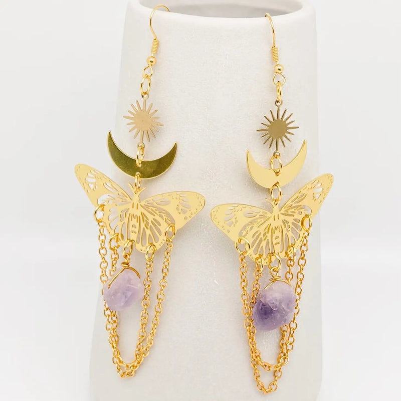 Butterfly Amethyst Pendant Chain Tassel Earrings