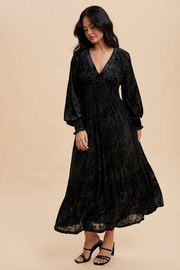 VELVET BURNOUT MAXI DRESS (Black)