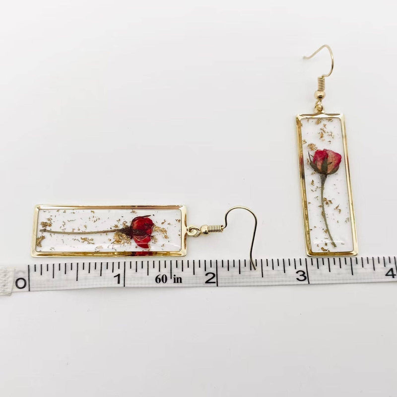 Rectangular Genuine Rose Dried Flowers Dangle Earrings