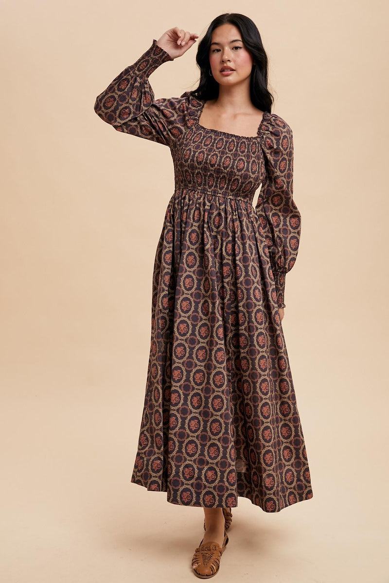 SMOCKED SQUARE NECK MAXI DRESS