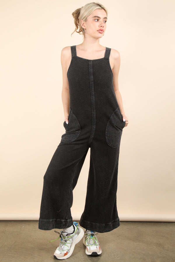Mineral Washed Waffle Knit Jumpsuit in Black