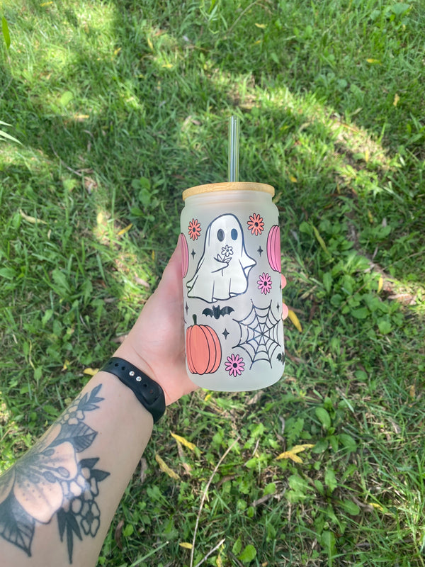 Savy Jo’s - Frosted Girly Halloween Glass Cup & Glass Straw (16 oz)