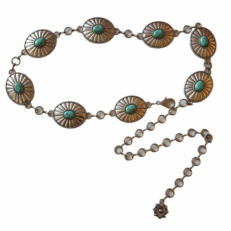 Western Oval Concho Chain belt with stones: Silver