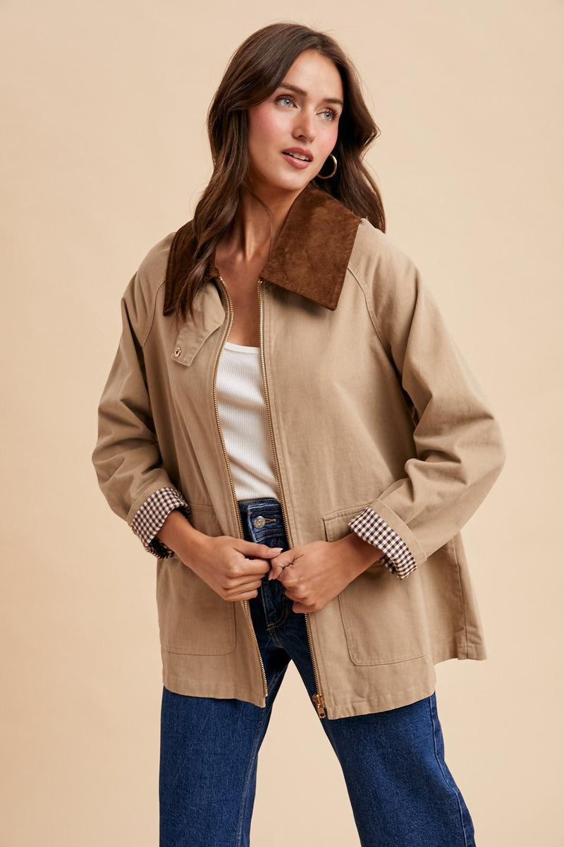 Corduroy Collared Cotton Chore Jacket in Beige