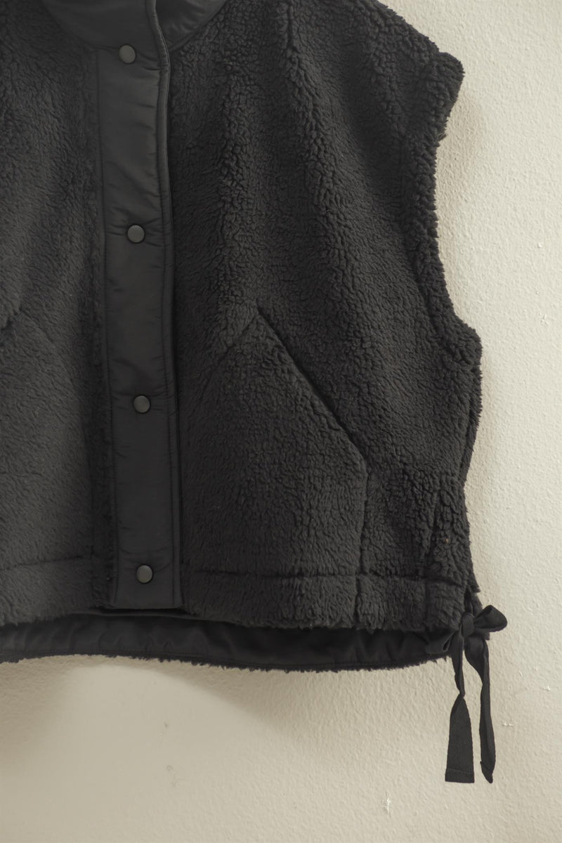 Black Cozy Sherpa Vest Jacket With Tie-up Side Details