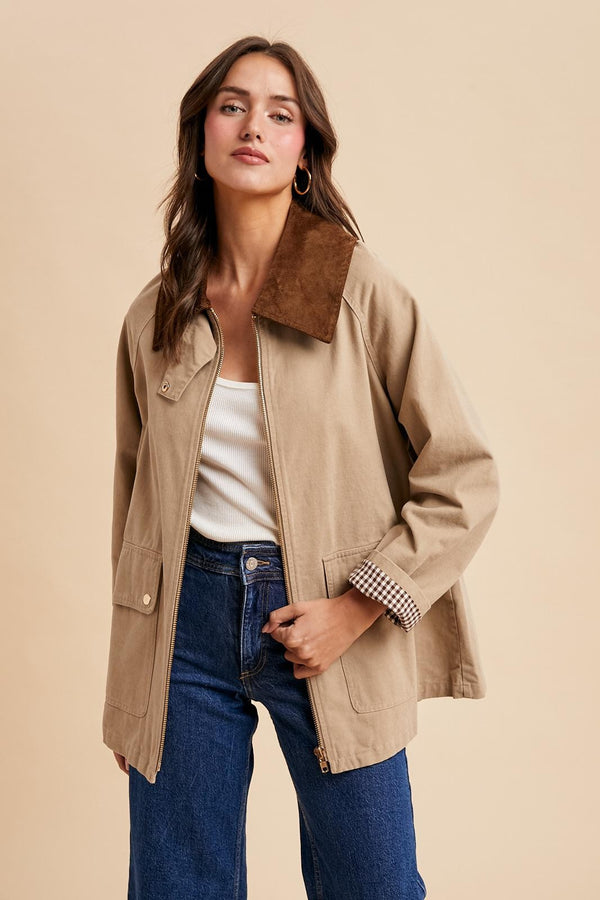 Corduroy Collared Cotton Chore Jacket in Beige