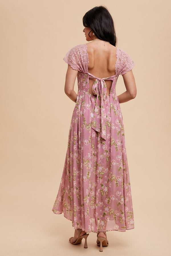 PANELED LACE FLORAL MAXI DRESS in Peony- Final Sale