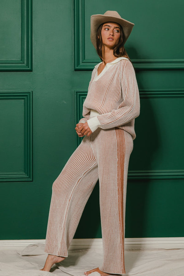 (BOTTOM ONLY) Two Tone Rib Texture Sweater And Pants Set in Ivory/Cinnamon (Sizes Small-XL)