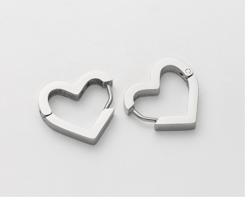 Heart Huggie Hoop Stainless Steel Earrings - Rhodium Plated