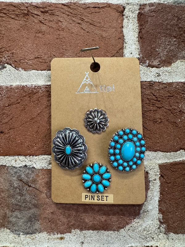 Western Silver and Turquoise Oval Pin Set
