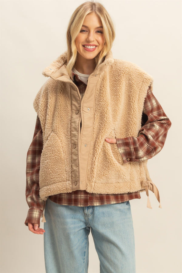 Beige Cozy Sherpa Vest Jacket With Tie-up Side Details