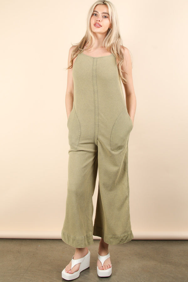 Mineral Washed Waffle Knit Jumpsuit in Olive