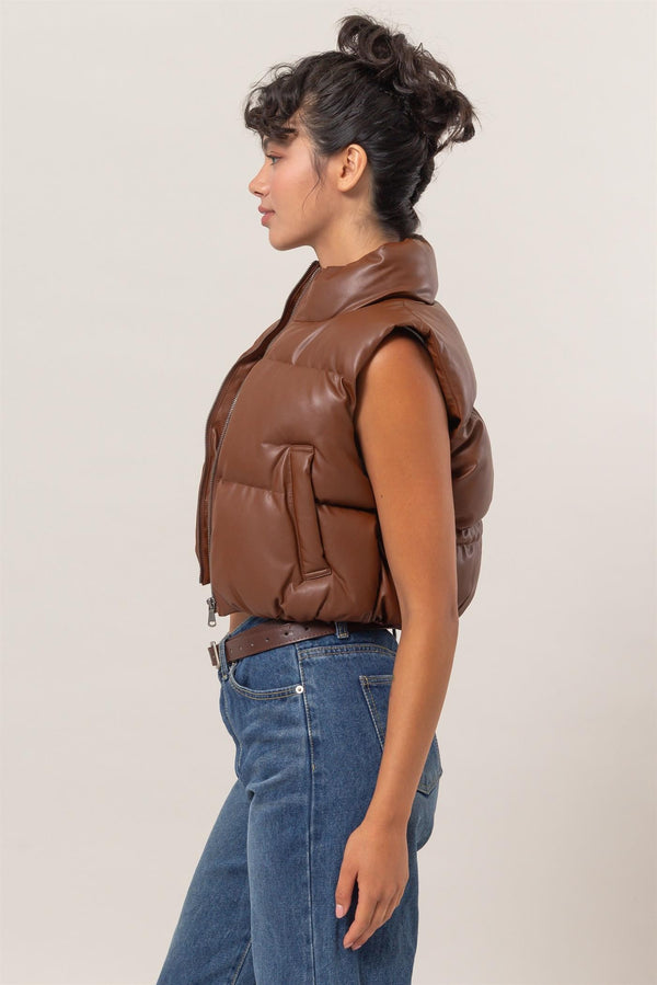 Leather Cropped Puffer Vest (Chestnut)